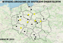 Policyjna mapa wypadków drogowych ze skutkiem śmiertelnym – Wakacje 2021