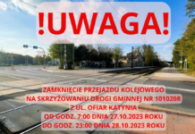 Uwaga! Całkowite zamknięcie przejazdu kolejowego na skrzyżowaniu z ul. Ofiar Katynia w dniach 27-28.10.2023 r.